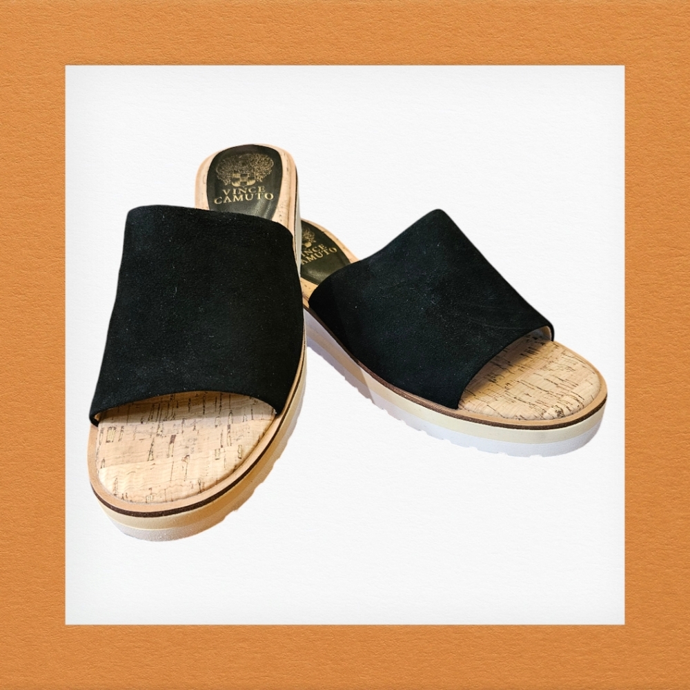 Vince Camuto Women's Vivtina Black Suede Cork Wedge Sandal - Size 7 1/2